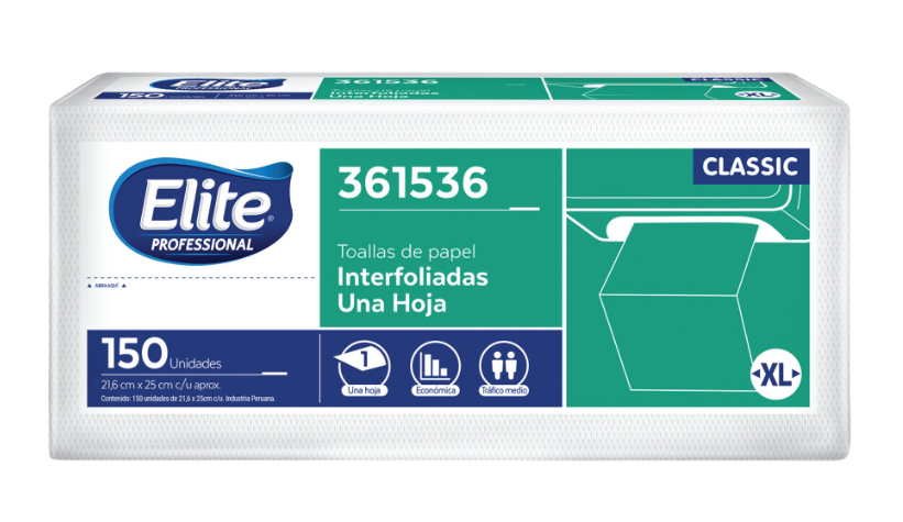 PAPEL TOALLA INTERFOLIADO ELITE UNA HOJA XL PAQ X 150 HOJAS 361536