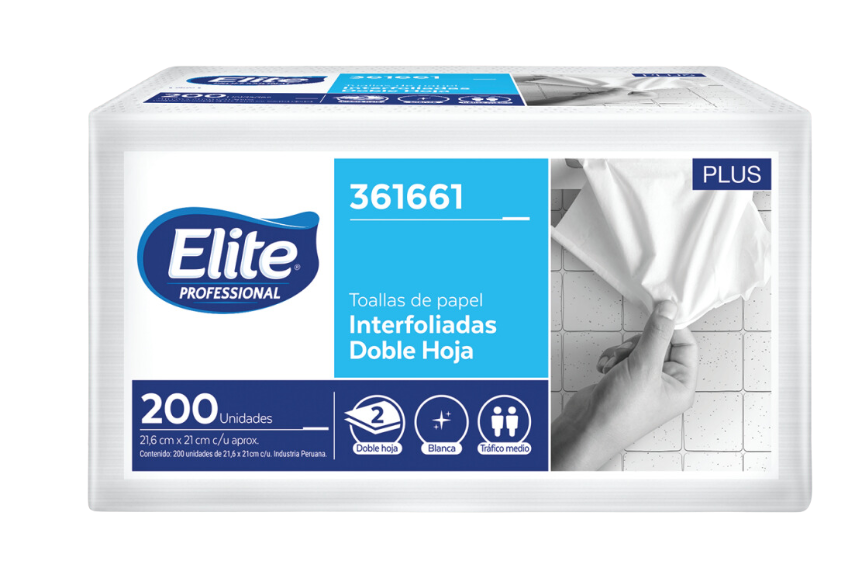 PAPEL TOALLA INTERFOLIADO ELITE DOBLE HOJA PAQ X 200 HOJAS 361661